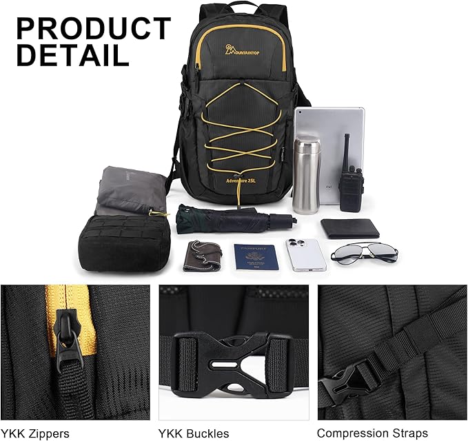 MOUNTAINTOP Hiking Backpack,25 Camping Backpack, Men Women Hiking Daypack Lightweight Travel Backpack for Climbing(Black)