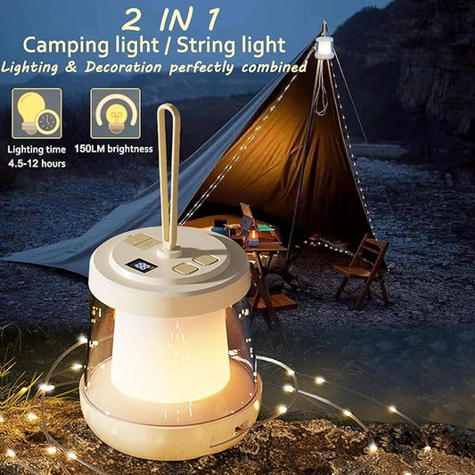Camping Lantern with String Lights, 2 in 1 Outdoor Waterproof Portable Stowable String Light（32.8Ft）, 1800mAh Rechargeable Lantern with 3 Modes for Camping and Emergency Charging(1-Pack)