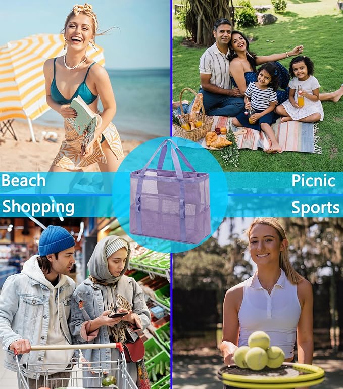 Mesh Beach Bag, Large Beach Tote with Zipper Pocket for Family Pool Bag for Toys & Vacation Essentials