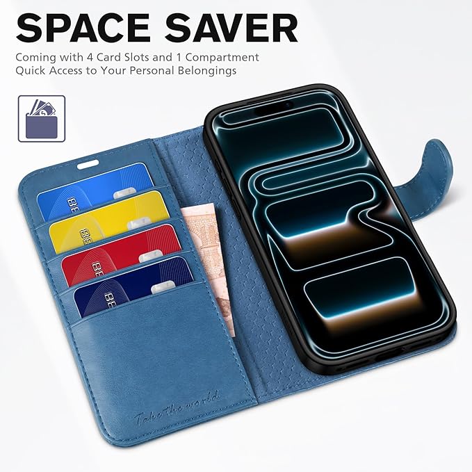 TUCCH Wallet Case for iPhone 17 Pro (6.3") 2025, 4 Card Slots, RFID Blocking, Stand, Shockproof TPU Shell, PU Leather, Magnetic Closure, Protective Flip Folio Cover, Light Blue