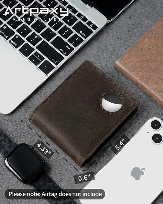 Mens Wallet With AirTag Holder, Bifold Leather RFID Blocking 1-2 ID Windows 12-13 Card Holders, Gift Box and Screen Protector Included, AirTag Not Included