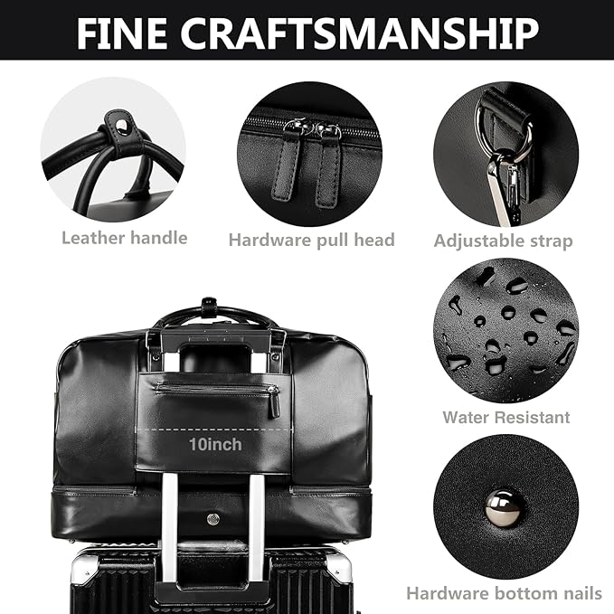 4PCS Leather Duffle Bags, Weekender Bag for Women Men, Large Travel Duffel-Overnight Bag with Toiletry, Makeup, Shoulder Bag, Faux Leather Carry On with Shoe Compartment (Black)