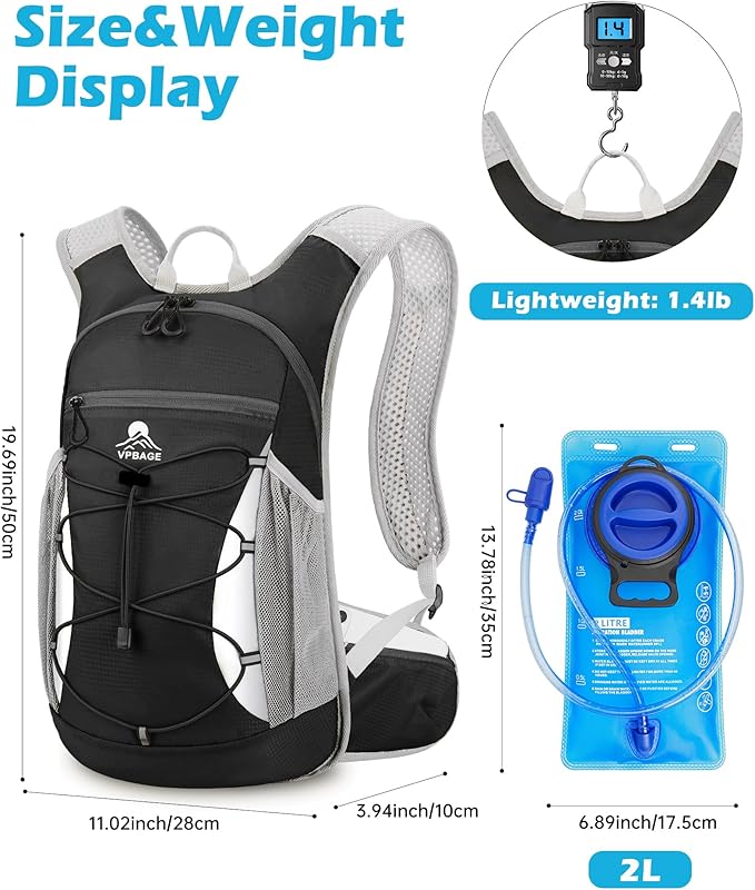 Hydration Backpack with 2L Water Bladder - Lightweight 15L Daypack with Phone-Sized Hip Belt Pockets, Anti-Chafe Cotton Edging & No-Bounce Straps - Small Water Backpack for Hiking, Running, Skiing