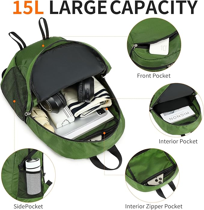 Small Hiking Backpack 15L Travel Lightweight Hiking Packable Daypack Water-Resistant Foldable Backpacks for Women Men Camping