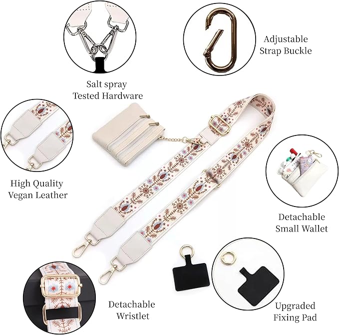 Crossbody Body Phone Holder for Women, New Phone Strap with Zippered Pouch, Adjustable Crossbody Strap (Flower white)