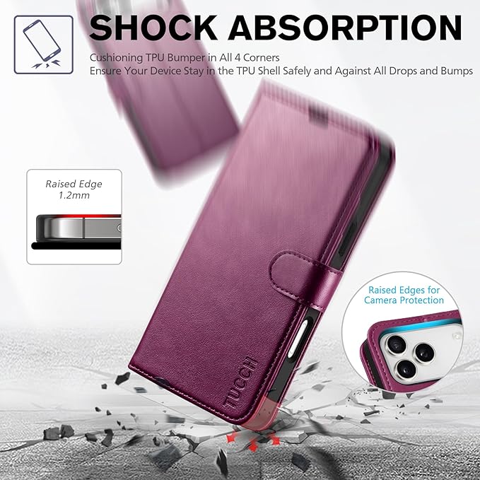 TUCCH Wallet Case for iPhone 17 Pro Max (6.9") 2025, RFID Blocking 4 Card Holders | Kickstand | Shockproof TPU Shell | PU Leather | Magnetic Closure | Protective Phone Cover | Plum Purple