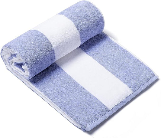 CLOWOOD Plush Oversized Beach Towel - Cotton 40 x 70 Inch Large Thick Blue Striped Cabana Pool Swimming Towel