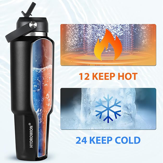 HYDROWION 40 oz Insulated Water Bottle, Car Water Bottle Holder - Double Wall Vacuum Insulated Travel Bottle with Straw Lid, Spout Lid and Flex Cap - Cold for 24H, Hot for 12H, Black