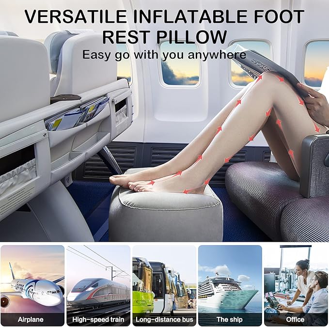 JefDiee Inflatable Foot Rest Pillow, Kids Airplane Bed, Adjustable 3 Layers Height Leg Rest Pillow, Airplane Travel Essentials Great for Office, Home, Trains, Cars