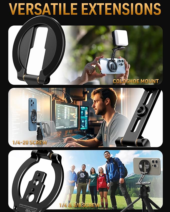 Dual Magnetic Phone Stand Holder Double Magnetic Phone Holder Ultrathin Foldable 1/4" Screw Tripod Mount for iPhone 16 15 14 13 12 Pro Max Plus Gym Magnet Phone Stand (Black)