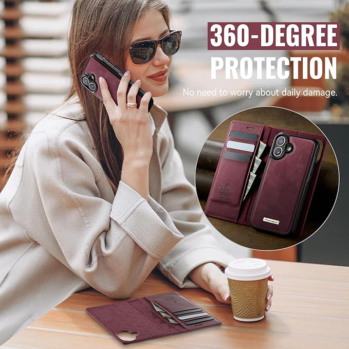 PlusnapX Wallet Case for iPhone 17 Compatible with Magsafe, 2-in-1 PU Leather Flip RFID Blocking Card Holder Stand Shockproof Magnetic Detachable Case for iPhone 17 Case 6.3", Burgundy