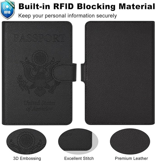 RSAquar Passport Holder for Women and Men, Premium PU Leather Travel Passport Wallet RFID Blocking Passport Cover Travel Documents Organizer (JD-Black)