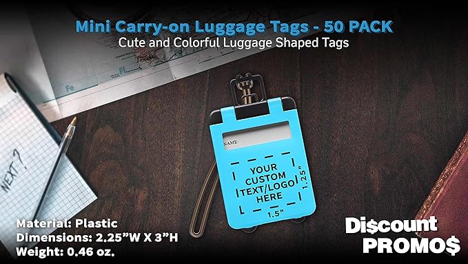 50 Mini Carry-on Luggage Tags Pack - Customizable Text, Logo - Flip Open Cover, ID Sticker - Light Blue