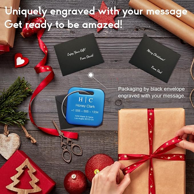 Stainless Luggage Tags for Suitcases 4 Pack: Metal Personalized Luggage Tags for Backpacks & Bags with Customizable Texts (Blue)