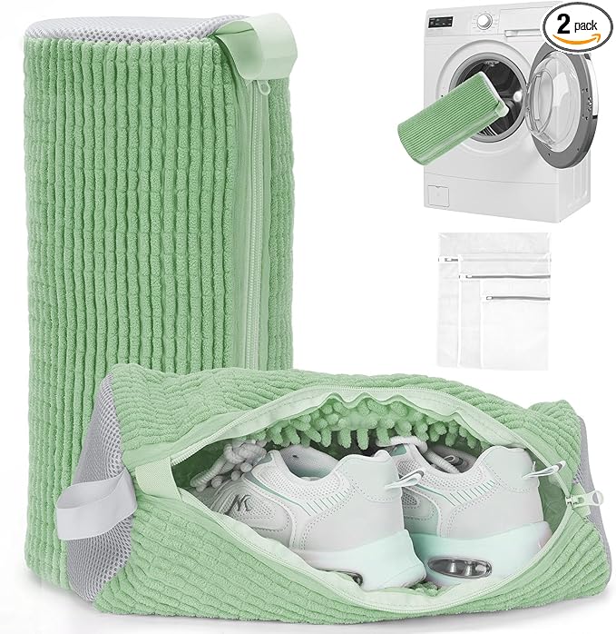 Shoe Washing Machine Bag - Laundry Shoe Bag (2-Pack) Includes 3 Laundry Bags, Reusable, Washer & Dryer Safe, 360° Deep Cleaning for All Shoe Types, Self-Locking Zipper(Green)