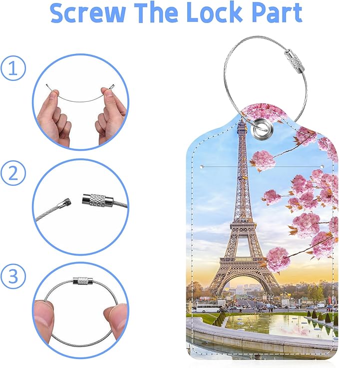 Set of 2 Luggage Tags Romantic Eiffel Tower Leather Suitcases Tag with Privacy Cover Stainless Steel Loop and Address Card for Women Men Travel