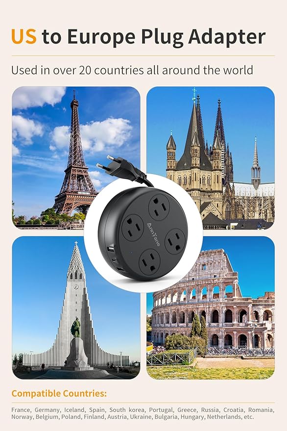 European Travel Plug Adapter - Retractable Power Strip with 4 AC Outlets & 3 USB Ports (USB-C), Type C Adapter for US to Most of Europe Iceland Spain Italy France Germany and More (Black)