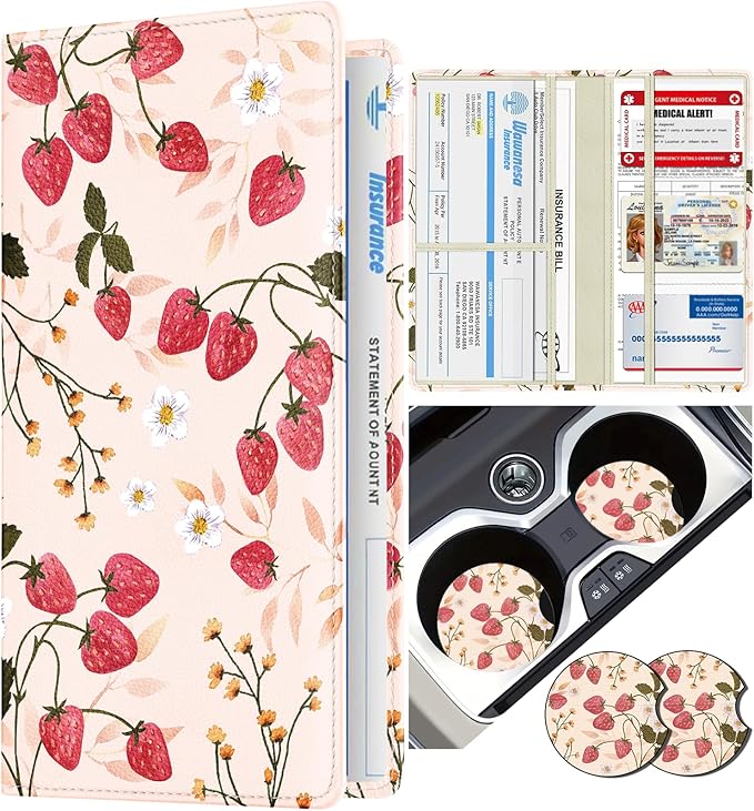 Slohif Car Registration and Insurance Holder - Strawberry Vehicle Glove Box Organizer Women with Magnetic Shut Leather Automobile License Holders Coasters Auto Accessories Case for Document