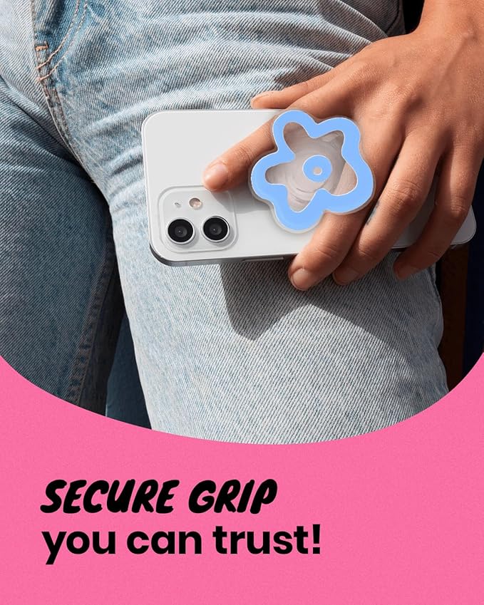 OnTheGrip Cute Transparent Daisy Flower Shape Design Mobile Phone Grip Multi Functional Collapsible Stand Holder for Smartphone Tablet Cell Phone Accessory (Blue)