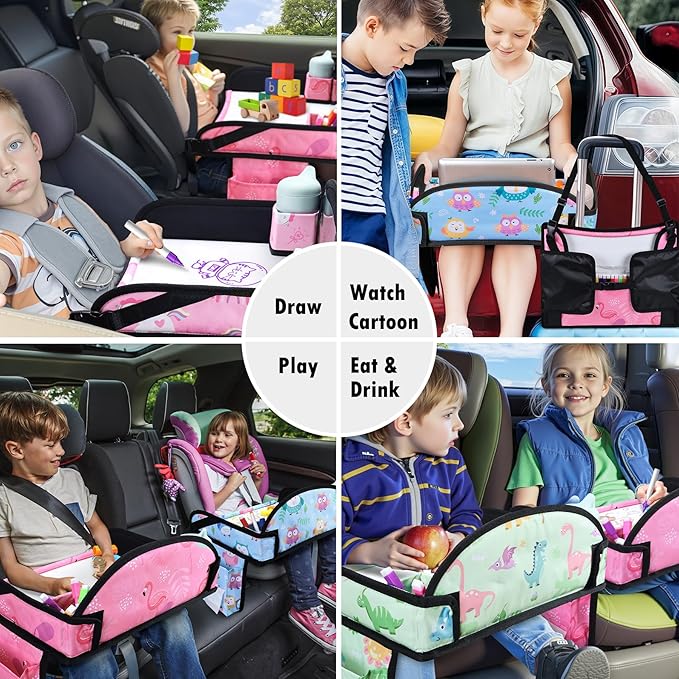 WENRENER 2PCS Kids Travel Tray, Car Seat Tray for kids Travel, Toddler Road Trip Essentials With Drawing Kit, Toddler Lap Desk Organizer for Car, Carseat Table for Airplane