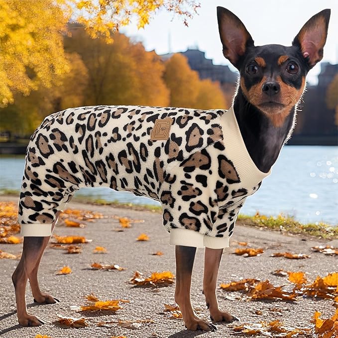 XPUDAC Fleece Dog Pajamas Leopard Dog Sweaters Winter Puppy Clothes for Small Medium Dogs Boy Girl Pet Jumpsuits Doggie Outfits for Christmas, M
