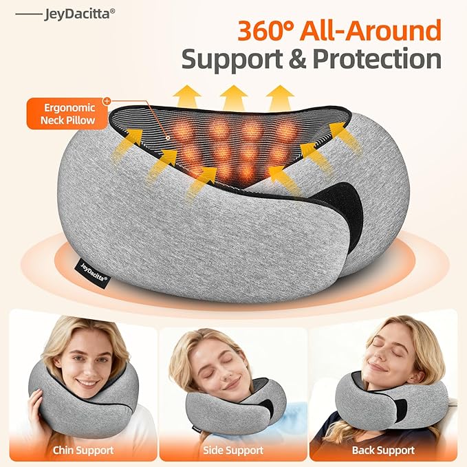 Premium Travel Pillow, Upgraded Memory Foam Neck Pillow, 360° Ergonomic Design Airplane Pillow Travel Pillows for Airplanes, Cars, Offices, Home Use, Ideal for Adults and Kids (Light Gray)