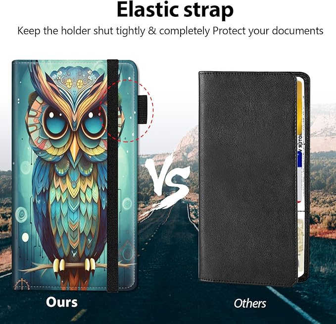 Car Registration & Insurance Holder, Leather Glove Box Organizer, Cool Accessories for ID, Driver's License Cards & Essential Documents, Business Cards, Men & Women, Fantasy Owl