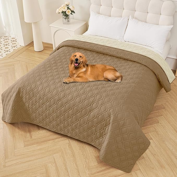 Smiry Waterproof Dog Blanket, 82x82 Inch Soft Pet Bed Cover Reversible, Washable Sofa Couch Furniture Protector for Small Medium Large Dog Puppy Cat, Geometric, Camel/Beige