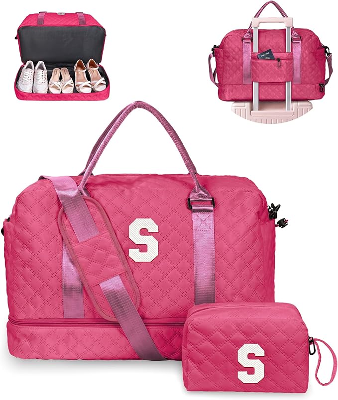 Vogewood Womens Gifts for Birthday-Initial Travel Bag with Shoe Compartment, Personalized Weekender Bag, Monogram Overnight Bag for Women, Letter Travel Bag with Makeup Bag Ladies Gifts (Letter S)
