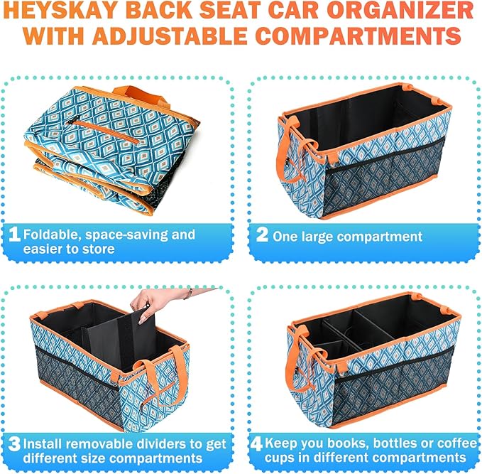HEYSKAY Car Seat Organizer with Cup Holders, Automotive Seat Back Organizer and Storage with Adjustable Dividers, Book & Toy Organizer for Car and Office