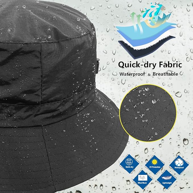 woogwin Waterproof Bucket Rain Hat with Chin Strap Quick Dry Packable Boonie Sun Hat Safari Hat UV Protection