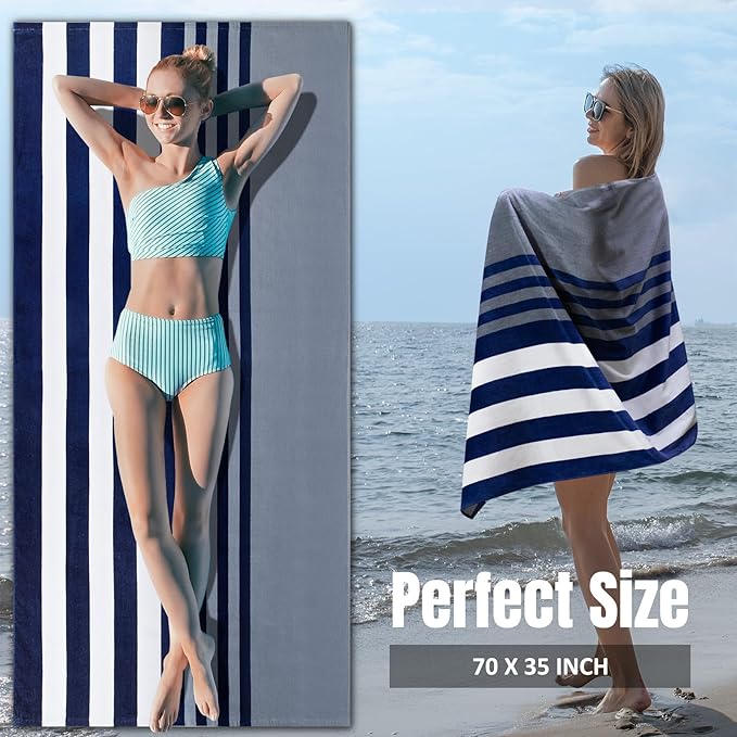 cabanana Large Beach Towel Oversized - Cotton Velour 35 x 70 Inch Blue Grey Striped Terry Pool Towel, Cabana Soft Swimming Towel for Adults Women Men (Navy Grey)