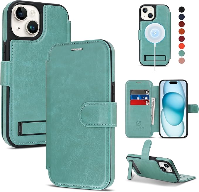CIVICASE for iPhone 15 Wallet Case with Stand,PU Leather Flip Credit Card Holder Slots (RFID Blocking),Compatible with Magsafe Magnetic Holder Phone Cover Women Men, Green