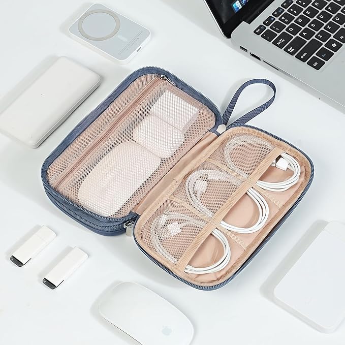 NISHEL Travel Cord Organizer Case, Double Layers Tech Electronic Bag, Essentials for Charger, Cable, Phone, Flash drive, Medium, Aegean-Blue