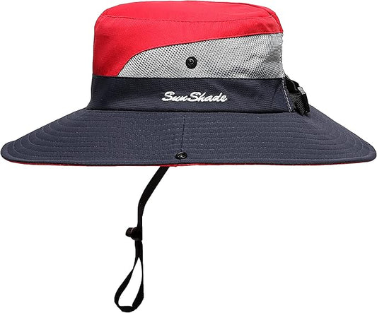 Womens Summer Sun Hat Beach Hat Wide Brim Outdoor UV Protection Hat Foldable Cool Mesh Ponytail Bucket Hat