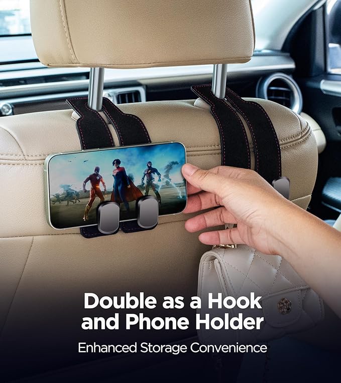 AMINOR 2 Pack Car Seats Hooks for Headrest, 2-in-1 Premium Leather Car Headrest Hanger with Metal Hooks, Car Seat Back Storage Hooks for Purses, Handbags, Phone (Black)