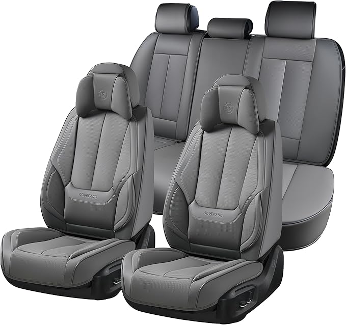 Coverado Universal Seat Covers Full Set, 5 Seats Universal Seat Covers for Cars, Waterproof Nappa Leather Car Seat Covers with Head Pillow, Auto Protectors Fit for Most Sedans SUV Pick-up Truck-Gray