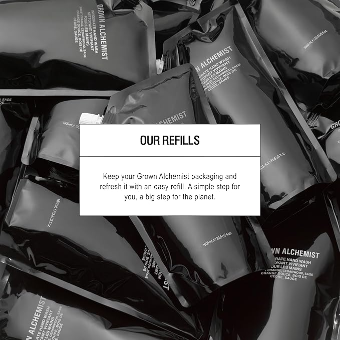 Grown Alchemist Invigorate Hand Wash Refill Pouch, Sweet Orange, Cedarwood, Sage. Soothe, Soap to Cleanse & Nourish Skin, (1L).