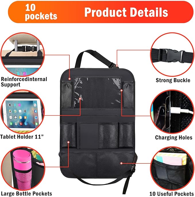 Car Backseat Organizer ，2 Pack Car Organizer Back Seat with 11" Tablet Holder, 10 Storage Pockets Seat Back Protectors Kick Mats for Kids Toddlers, Travel Accessories (Black)