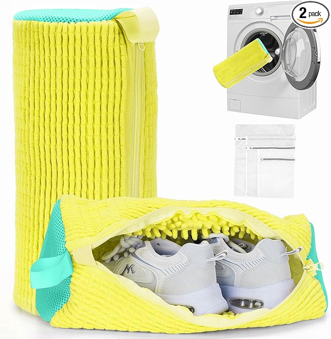 Shoe Washing Machine Bag - Laundry Shoe Bag (2-Pack) Includes 3 Laundry Bags, Reusable, Washer & Dryer Safe, 360° Deep Cleaning for All Shoe Types, Self-Locking Zipper(Yellow)