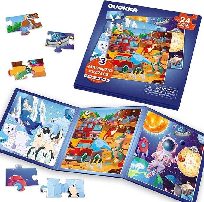 QUOKKA Magnetic Toddler Puzzles Ages 2-4 - 24 Pieces Kids Puzzles Ages 3-5 - Travel Games for Kids 4-6 Boys and Girls - Learning Animal, Space, Dino Car Airplane Road Trip Activities
