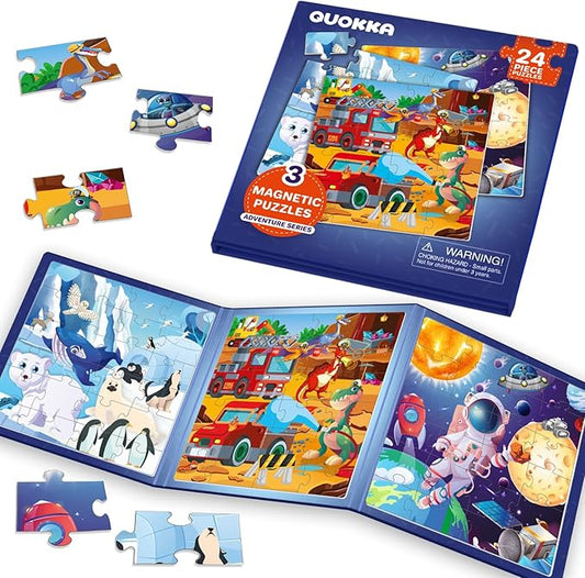 QUOKKA Magnetic Toddler Puzzles Ages 2-4 - 24 Pieces Kids Puzzles Ages 3-5 - Travel Games for Kids 4-6 Boys and Girls - Learning Animal, Space, Dino Car Airplane Road Trip Activities