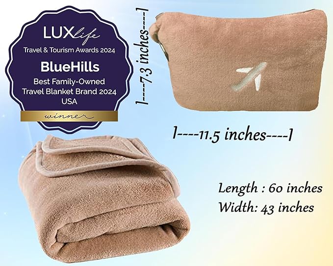 BlueHills 2-Pack Mini Premium Soft Plush Travel Blanket Pillow Airplane Essentials for Two in bag Flight Traveling Warm Portable Plane Blankets Compact Cozy Traveler Backpack Blankets Warm Beige - M26