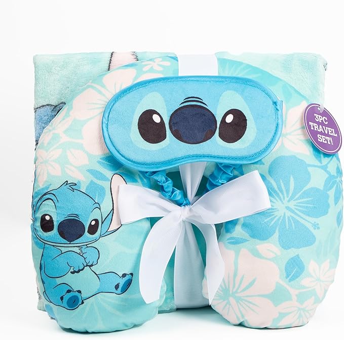 Jay Franco Disney Lilo & Stitch Kids Travel Set - 3 Piece Set Includes 40 x 50 Throw Blanket, Eye Mask, and Neck Pillow - Super Soft & Cozy Travel Accessories