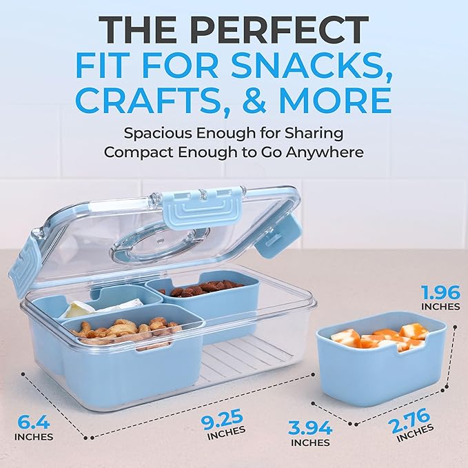 Snackle Box Container with Lid- Travel Charcuterie Box with Handle - Organizer for Candy, Fruit, Nuts, Veggies, Snacks, Beach Essentials, Portable Lunch Box (Blue, Small)