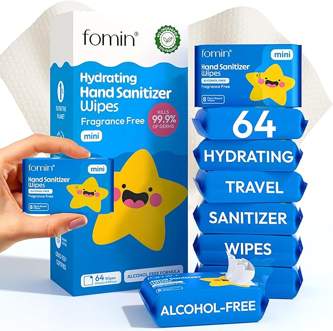 Fomin Mini Hand Sanitizer Wipes 8 Pack (8 Count) - Fragrance Free Mini Wet Wipe - pH Balanced, Biodegradable, Antibacterial On The Go Hand Sanitizing Wipes - Hypoallergenic, Plant-Based Travel Wipe