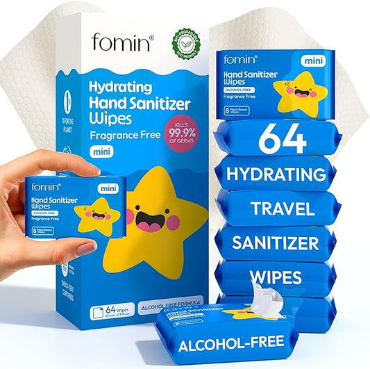 Fomin Mini Hand Sanitizer Wipes 8 Pack (8 Count) - Fragrance Free Mini Wet Wipe - pH Balanced, Biodegradable, Antibacterial On The Go Hand Sanitizing Wipes - Hypoallergenic, Plant-Based Travel Wipe