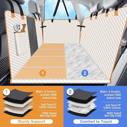 Dog Car Seat Cover for Back Seat, Dog Car Bed Cover with Strong Hard Bottom, Back Seat Extender Hammock for Cars SUV Truck 4 Panels Beige Color