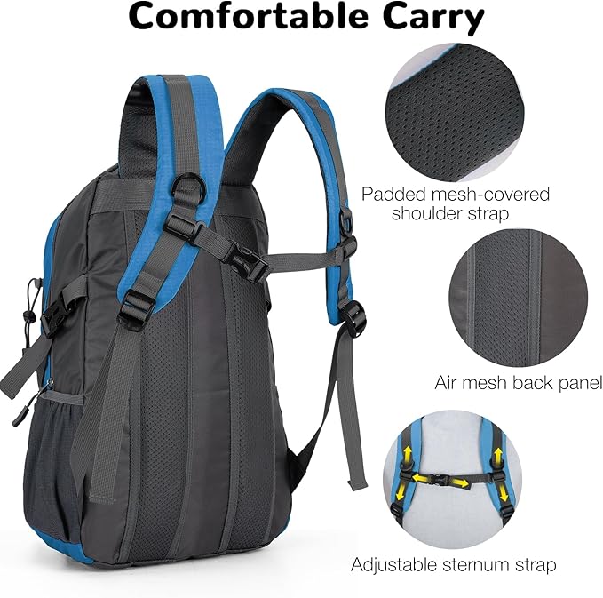 25L Small Hiking Backpack Daypack for Men Women, Waterproof Outdoor Backpack with Chest Strap for Camping, Lake Blue