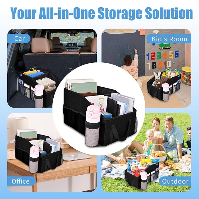 Car Seat Organizer for Back Seat Front Seat Between Seats,Car Storage Organizer for Kids with Multi- Pockets，Collapsible,cup Holders, Removable Dividers(Black)